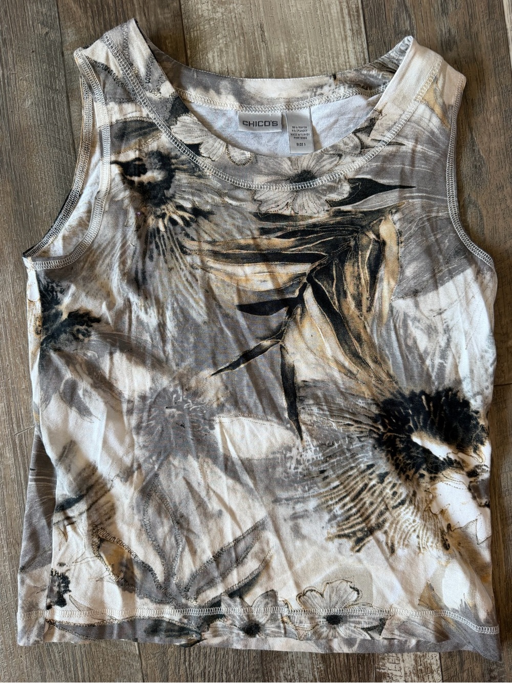Chico’s Size 1 Floral Abstract Tank Top Artsy Boho Neutral Stretch Sleeveless